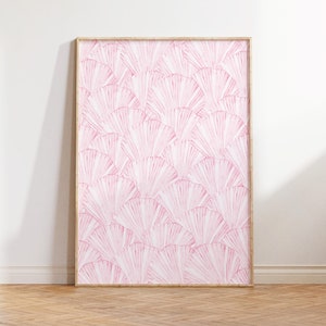 Schelpenprint, afdrukbare poster kustveedrijfster, roze vintage kustkleindochter esthetiek, decor strandhuis, studentenslaapzaal studentenkamer