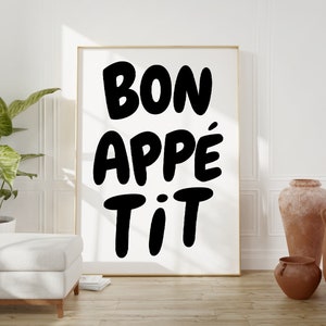 Kitchen wall art, Bon Appetit Poster, Mid Century Print, French Quote Poster, Black White Typography Print, Digital download,Food Art Print