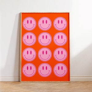 Affiche de smiley orange rose, impressions preppy, art mural orange amusant, déco universitaire rose preppy, déco de chambre indie, déco de chambre y2k pour les adolescents