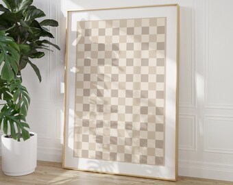 Checkered Wall Art, Beige Checker Art Print, Beige Printable wall art, Retro Funky Poster, Trendy checkerboard Poster, Beige neutral art