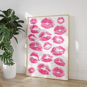 Kiss Lips Wall Art, Impresión de labios rosados, Impresiones digitales de moda, Cartel de dormitorio preppy, Impresión preppy, Impresión funky, Arte de pared de moda, Cartel de maquillaje