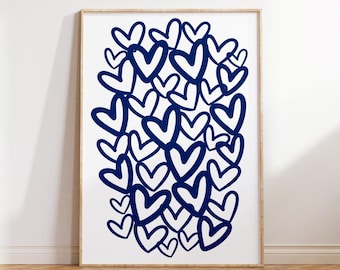 Hearts print, Navy Blue preppy wall art, Graffiti hearts Colorful Poster, Trendy Funky poster,Girly room decor, printable love art prints