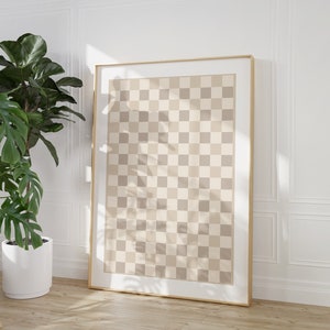 Checkered Wandkunst, Beige Checker Art Print, Beige druckbare Wandkunst, Retro Funky Poster, trendiges Schachbrett Poster, Beige neutrale Kunst