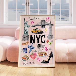 Impression de la ville de New York rose NY paysage urbain voyage impression Girly dortoir décoration murale art mural preppy coloré chambre tendance impression téléchargement numérique