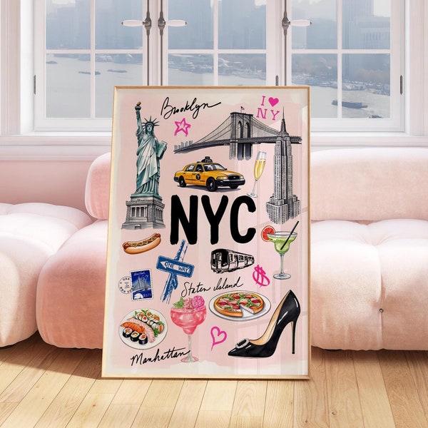 New York City Print Pink NY  Cityscape Travel Print Girly Dorm room decor Colourful preppy wall art Trendy Bedroom print Digital Download