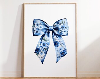 Blue bow print, chinoiserie nursery print, coquette room decor, grandmillenial wall art, coastal grandma painting, floral teen girl poster