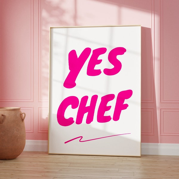 Yes Chef Poster, Kitchen Wall Art, Mid Century Print, Pink Bon Appetit French Quote Poster, Minimalistic Kitchen Print, Typography Print