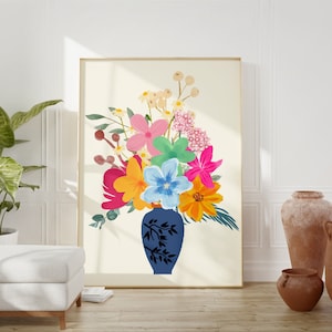 Impresión de ramo de flores, impresión del mercado de flores, decoración de dopamina, arte de pared femenino de moda, cartel retro, cartel estilo Matisse, ilustración de jarrón