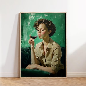 Moderne wijnmuurkunst vrouw drinkt wijn print groen eigentijds kunstwerk eetkamer decor digitale download wijnliefhebber cadeau bar kar decor