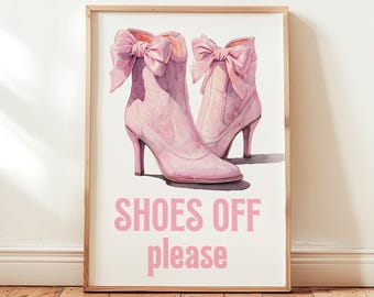 Funny Hallway Wall Art Shoes Off Sign Trendy Pink Boots Print Messy Coquette Decor High Heels Boots Print Cute Entryway Quirky Apartment