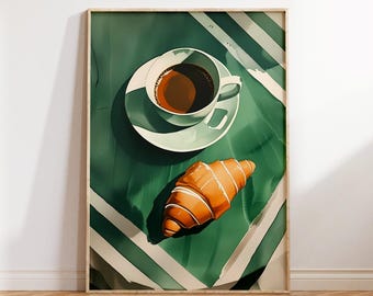 Kaffee und Croissant Art Print Frühstück Club Druck Grün Küche Dekor Kaffee Wand Kunst Digital Download Retro Französisch Croissant Feinschmecker Geschenk
