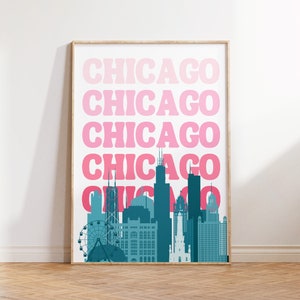 Chicago City Travel Print, Digital Art Download, Pink Blue Chicago Travel Print, Preppy Wall Print, Cityscape Travel Poster, dorm room decor