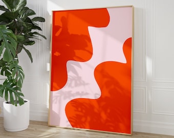 Puede incluir: Impresión de arte abstracto con un esquema de color rosa y naranja. La impresión presenta una serie de formas orgánicas que fluyen y se superponen.