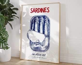Sardines Tin Print, Kitchen Wall Art, Sardine Wall Art, Dining Room Decor, Retro Food Art, Vintage Kitchen Decor, Fish Poster, Seafood art