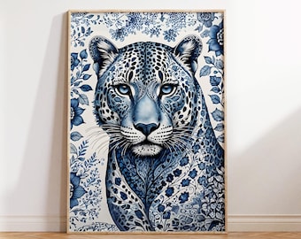 Blue Leopard Wall Art-Chinoiserie Poster-Trendy Cheetah Print-Blue Dorm Room Decor-Jaguar Wall Art-Blue Retro Wall Art-Jungle Animal Poster
