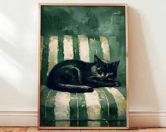 Vintage Green Sleeping Cat Wall Art Large Minimalist Living Room Print Stripe Decor Modern Kitten Print Black Cat Lover Digital Download