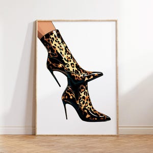 Retro laarzen met luipaardprint trendy luipaardprint laarzen slaapzaal poster kunst print handgetekende digitale print chique esthetische print appartement slaapzaal decor