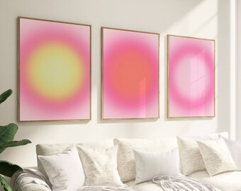 Juego de 3 impresiones de Aura Pastel, póster de Aura Rosa Positiva, impresión de Aura con Degradado, póster espiritual de autocuidado, arte de pared con degradado borroso naranja y rosa.
