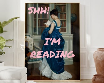 Arte de pared con libros rosas Rincón de lectura Impresión para amantes de los libros Decoración de club de lectura de moda Pintura de arte alterado Regalo para chica literaria Impresión Shh I'm Reading