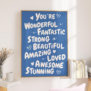 You Are Amazing Poster, Blue Motivational Wall Art, girly dorm room decor, retro Affirmation Poster, Trendy Printable Art, Preppy wall art