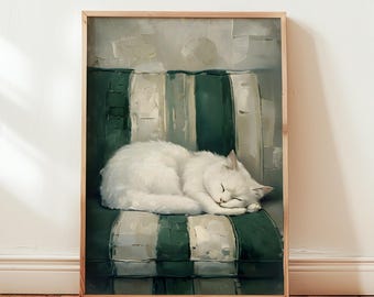 Retro Sage Green Sleeping Cat Wall Art Large Minimalist Living Room Print Modern Stripe Decor Cute Kitten Cat Lover Gift Digital Download