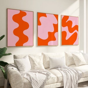 Impresión abstracta naranja rosa, cartel preppy, conjunto de 3 impresiones, arte de pared retro rosa de moda de los años 70, impresión linda de moda, decoración del dormitorio, regalo, imprimible