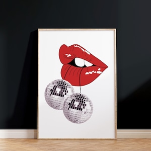 Nadruk Disco Ball, Modna sztuka ścienna z ustami, Nadruk Disco Preppy Cherry, Sztuka na wózku barowym, Retro funky plakat, Plakat Cherry Y2K, wydruki artystyczne z lat 70.