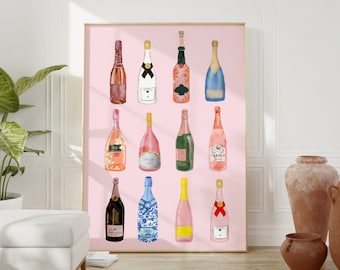 Champagne wall art, bar cart decor, champagne poster, pink girly wall art, trendy prints, bar cart art, digital print, alcohol bottles print