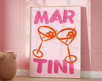Impresión de martini, arte mural de cócteles de moda, arte de carrito de bar, arte imprimible rosa, póster retro de alcohol, descarga digital, impresión minimalista de cocina