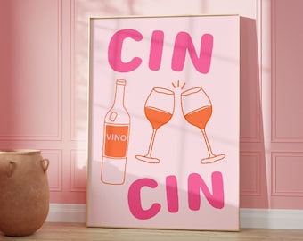 Puede incluir: Una impresión rosa y naranja con el texto "CIN CIN" y una botella de vino con la palabra "VINO" en ella. Se muestran dos copas de vino brindando.