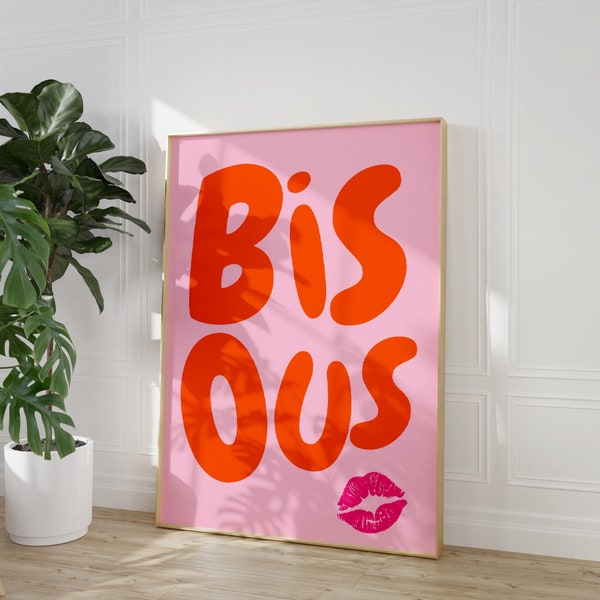 Bisous Print, French Quote Poster, Pink Orange Wall Art, Feminine Wall Art  French Phrase Print, PRINTABLE Wall Art,typography,French saying