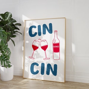 Cin Cin Print, Retro Weinglas Cheers Poster, Rote Küchen Wandkunst, Barwagen Dekor, Vintage Drink Poster, Cocktail Print, CinCin Poster