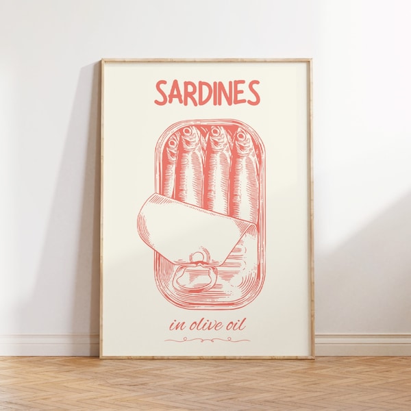 Sardines Tin Print, Kitchen Wall Art, Sardine Wall Art, Dining Room Decor, Retro Food Art, Vintage Kitchen Decor, Fish Poster, Seafood art