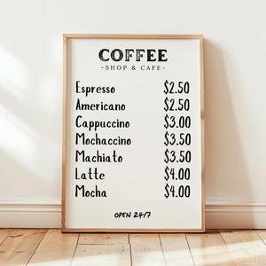 Impressão de cardápio de cafeteria, pôster preto e branco para canto de café, arte de parede de cozinha estética retrô, decoração moderna para casa, presente moderno desenhado à mão para amantes de café