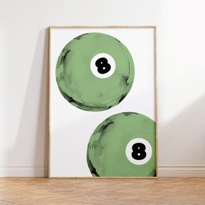 Lucky 8-ball muurkunst, vintage print biljartbal, saliegroene poster biljartbal, retro handgetekende barwagen decor, trendy afdrukbare digitale print