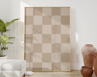 Checkered Wall Art, Beige Checker Art Print, Beige Printable wall art, Retro Funky Poster, Trendy checkerboard Poster, Beige neutral art