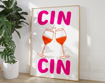 Puede incluir: Un cuadro enmarcado con la palabra "CIN" en rosa brillante encima y debajo de un gráfico de dos copas de vino brindando. Las copas están delineadas en naranja y llenas de líquido naranja. El fondo es blanco.