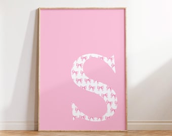 Letter S Poster, Pink Bow Print, Preppy Wall Art, S Initial Print, Cute Apartment Decor, College Dorm Decor, Blush Pink Art, Bathroom Decor