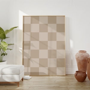 Karierte Wandkunst, beige karierter Kunstdruck, beige druckbare Wandkunst, Retro Funky Poster, trendiges Schachbrett-Poster, beige neutrale Kunst