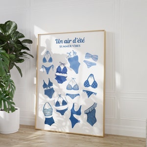 Traje de baño vintage con estampado costero, póster de bikini azul de moda, arte de pared de verano dibujado a mano, impresión de la Riviera Francesa, decoración de casa de playa, descarga digital