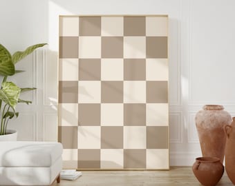 Checkered Wall Art, Beige Checker Art Print, Beige Printable wall art, Retro Funky Poster, Trendy checkerboard Poster, Beige neutral art