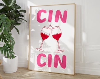 Impresión de vino Cin Cin, póster retro de vino, arte mural para carrito de bar, impresión de alcohol, arte imprimible rosa, decoración de vino, bebidas rosadas y rojas, descarga digital