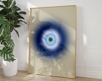 Evil Eye Poster, Aura Print, spiritual Wall Art, Nazar Wall Art, Greek Eye Wall Art, Blue Evil Eye Digital Wall Art, beige protection print