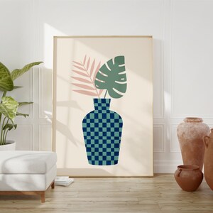 Decoración escandinava a cuadros para el hogar, estampado floral beige, descarga digital, ilustración de jarrón, arte imprimible de flores, póster bohemio, arte mural a cuadros