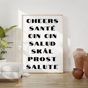 Cheers Print, Digital Download Print, Trendy Wall Art, Bar Cart Poster, Kitchen Decor, Printable Cin Cin Print, Black White Cocktail Print