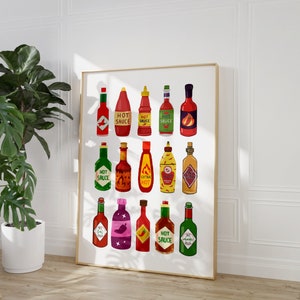 Hot Sauce Art, Download digitale, Stampa artistica da parete per cucina, Stampa artistica digitale di cibo, Stampa artistica da parete alla moda, Stampe da cucina, Decorazioni da parete per cucina