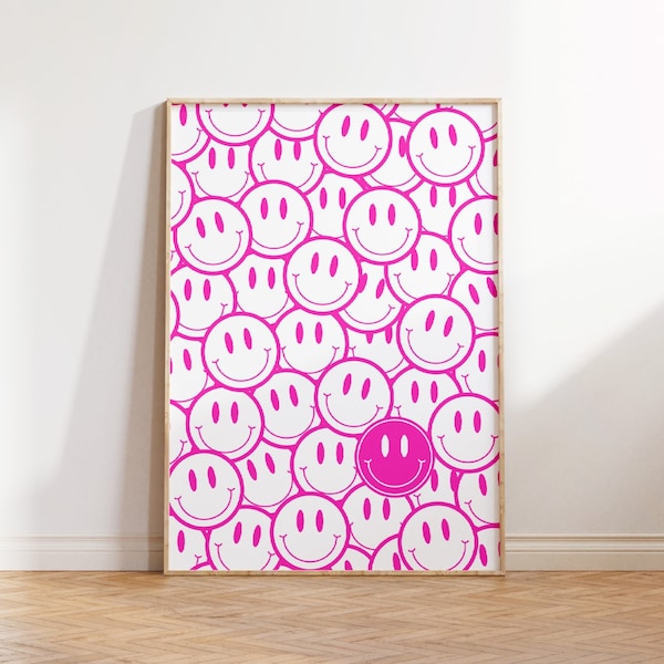 Pink smiley face poster, Hot pink preppy prints, fun smileys wall art, preppy pink college  decor, indie room decor, room decor for teens