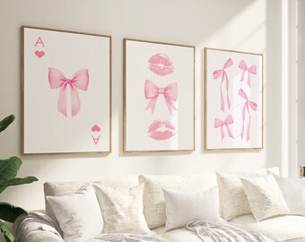 Pink Bow Print, set of 3  prints, Pink Bows Wall Art, Preppy wall art, teen room decor, Pastel Ace of Hearts poster, Trendy girly wall art