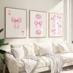 Pink Bow Print, set of 3  prints, Pink Bows Wall Art, Preppy wall art, teen room decor, Pastel Ace of Hearts poster, Trendy girly wall art