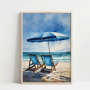 Blue Beach Umbrella Wall Art Trendy Summer Print Beachy Room Decor Coastal Seaside Poster Ocean Aesthetic Surf Painting Beach House Decor
